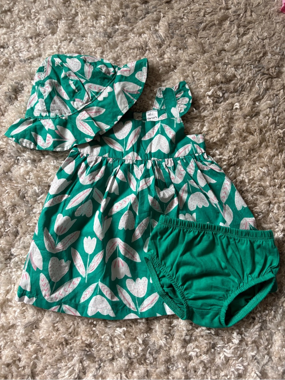 Carter's Emerald Green Floral Sundress with Sun Hat